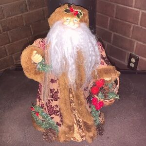 90s Vintage Santa Christmas Tree Topper Lambswool Beard Tapestry Coat Faux Fur